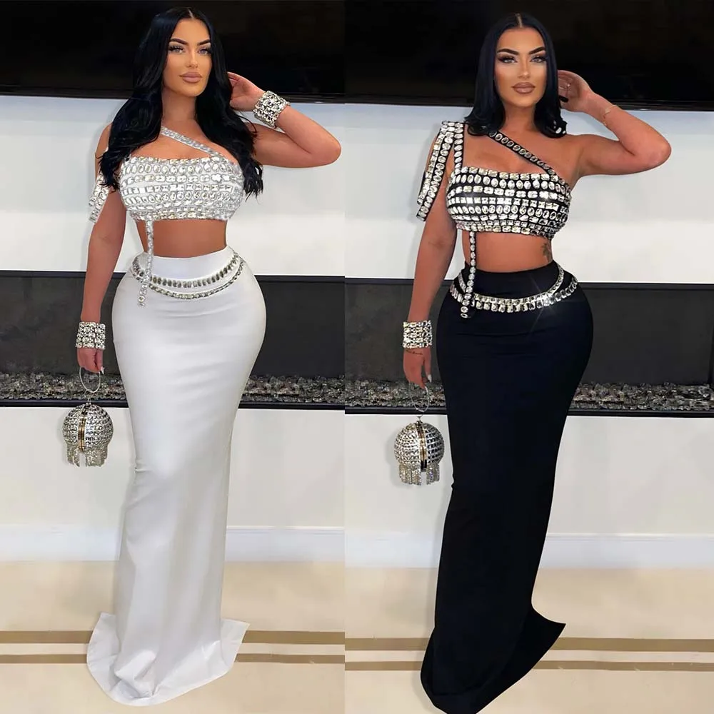 Rhinestone Dress 2 Piece Skirt Sets Elegant Luxury Long Dress 2024 Summer Clothes Sexy Club Outfit Crop Top Two Piece Skirt Sets