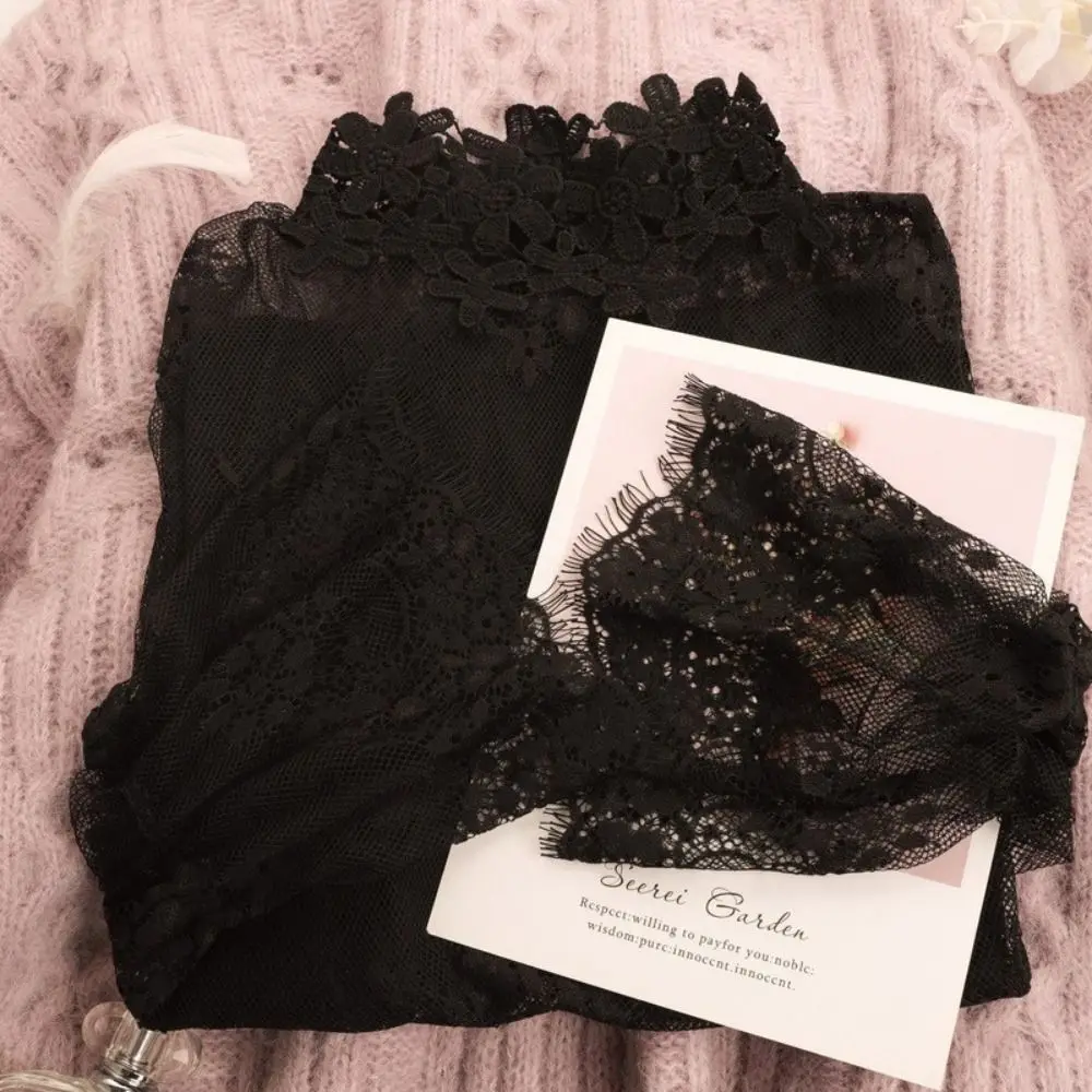 Fashion Black Lace Blouses Mesh Long Flared Sleeve Lace Shirt Transparent High Collar Mesh Blouses Inner Wear
