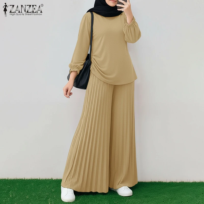 2026 ZANZEA Ramadan Outfits Muslim Hijab Tracksuit Spring 2 Piece Sets Women O Neck Long Sleeve Tops Wide Leg Pant Sets OL Suit