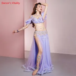 Costume de danse du ventre avec soutien-gorge en diamant, jupe longue fendue, ensemble haut de gamme pour femmes, vêtements de compétition