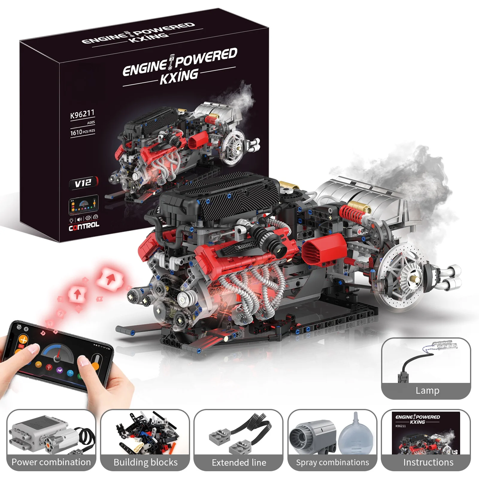 1610 Pcs V12 Engine MOC Building Blocks Model Set, APP Remote Control Programmable Assembly Kit with Lights & Spray