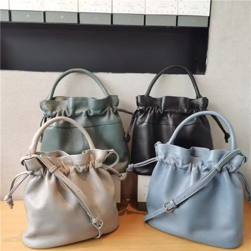 Fashion Leather Bucket Bag Ladies Messenger Bag Casual One Shoulder Drawstring First Layer Leather Bag