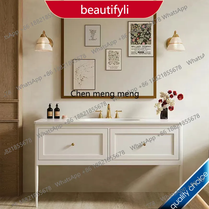 a55 Badezimmerschrank-Kombination aus Massivholz, vom Boden bis zur Decke reichende Steinplatte, nahtloses Waschbecken, Corian-Badezimmerschrank mit Waschbecken