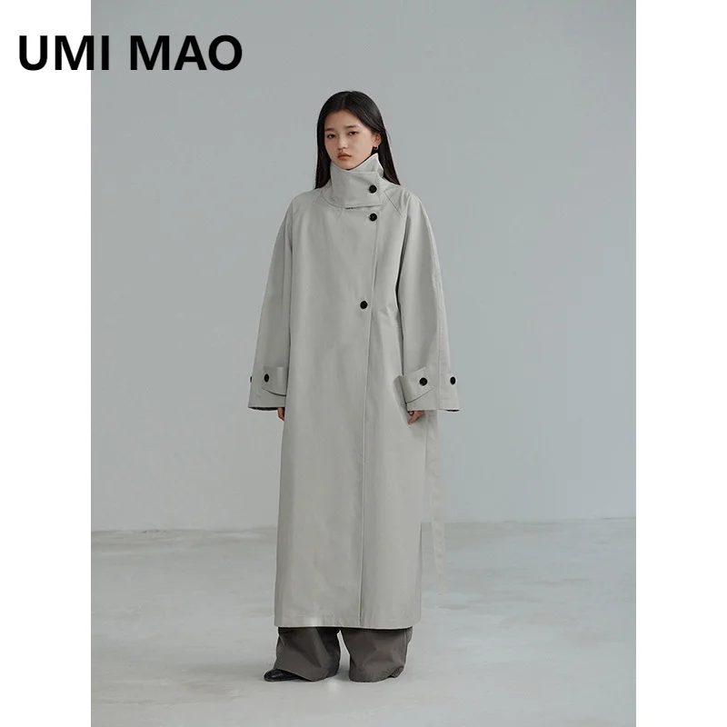 

UMI MAO Design 100 High-density Cotton Long Silhouette Waist Cinched Windbreaker Jacket For Women Autumn New Trench Coat