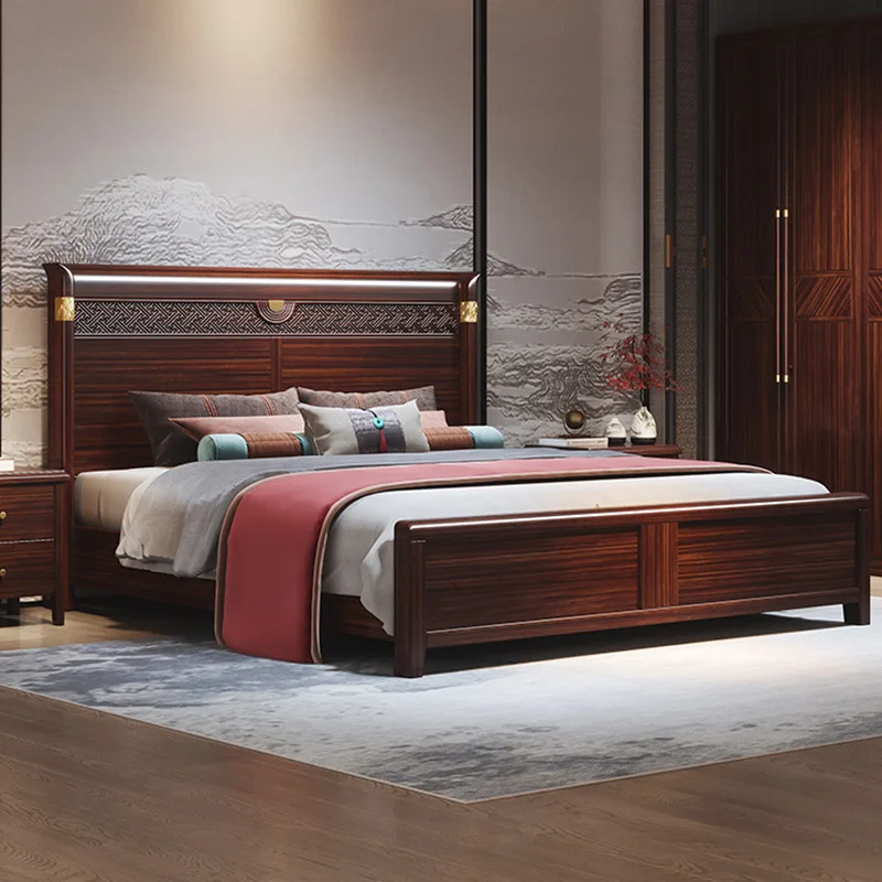 Kayu eboni, gaya Cina baru, kayu solid, kamar tidur utama, kayu solid, double