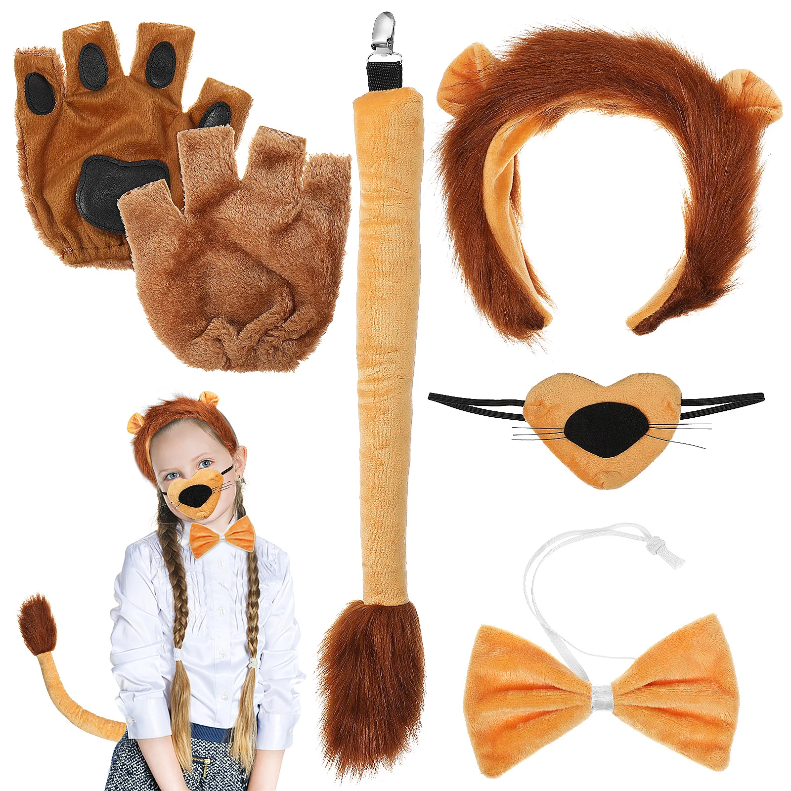 

Lion Costume Set Girls Jungle Animal Cosplay Yarn Headpiece Tail Ears Realistic Texture Comfortable Materials Versatile