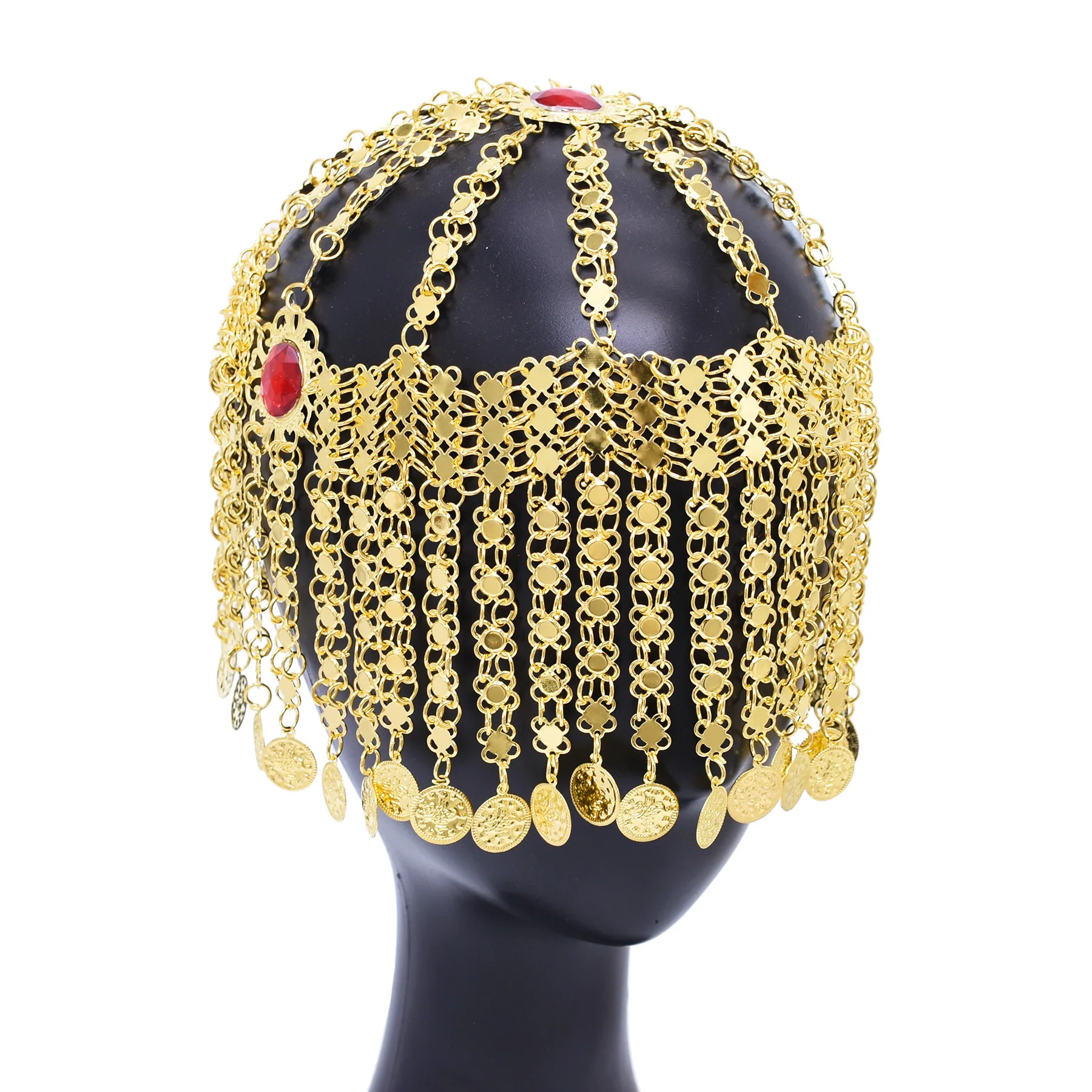 Ethnic-style Arabic Headpiece Alloy Material Gold-Colored Electroplated Coin Chain Tassels Cap Stage Performance