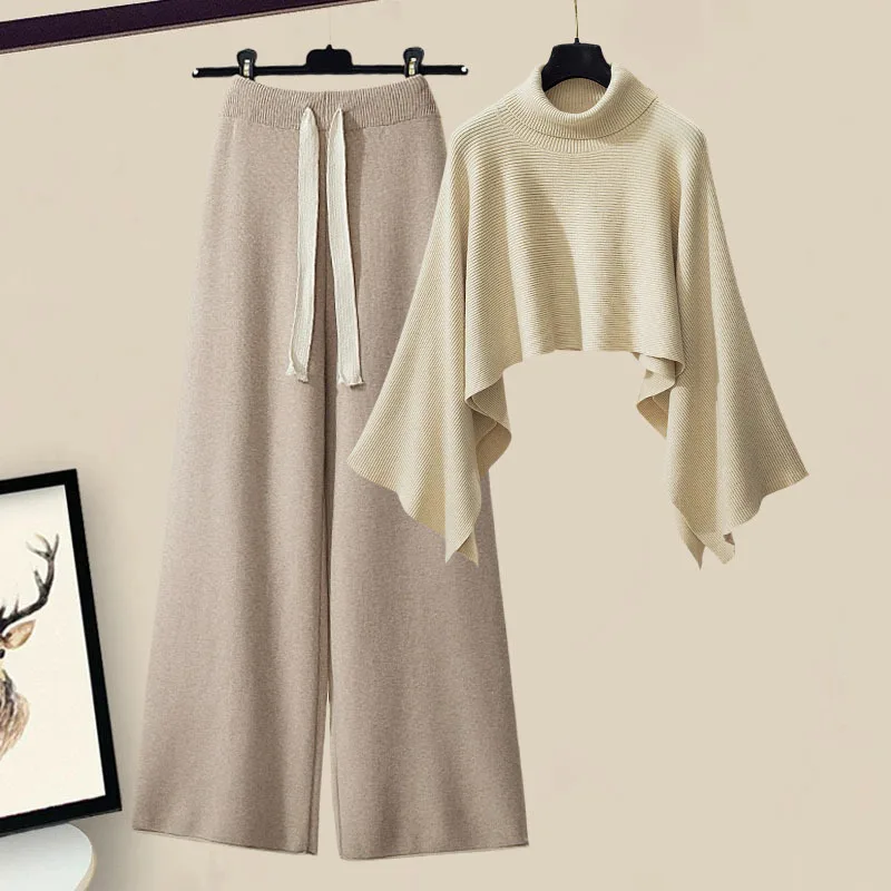 Fall Winter Knitted Two Pieces Sets For Women Clothings 2024 Turtleneck Irregular Cloak+high Waist Wide Leg Knitting Pants Sets