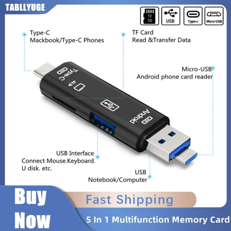 

5 in 1 Multifunction Usb 2.0 Type C/USB /Micro Usb/SD/TF Memory Card Reader OTG Card Reader Adapter Mobile Phone Accessories