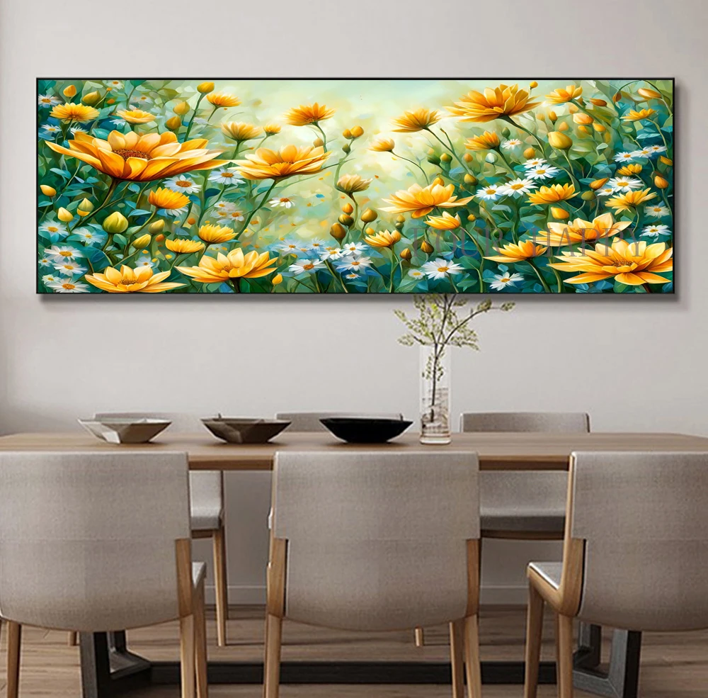 Pittura diamante 5D con fiori gialli, arte murale paesaggistica, trapano rotondo completo, ricamo, decorazione domestica, fai da te