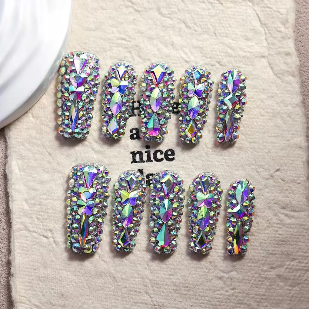 

10pcs high-end Punk style, colorful glittering diamonds all over, personalized nightclub style handmade fake nails
