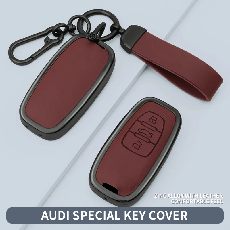 For Audi A4L A5 A6L A7 A8L Q5L Q7 3‑Button Smart Remote Key Cover with Strap Hook Zinc Alloy Leather Key Case