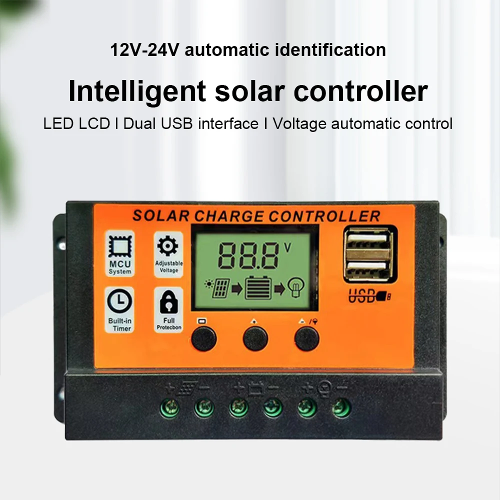 Solar Charge Controller 10A 20A 30A 40A 50A 60A 70A 80A 90A 100A Solar Panel Controller Dual USB Ports Large Screen LCD Display