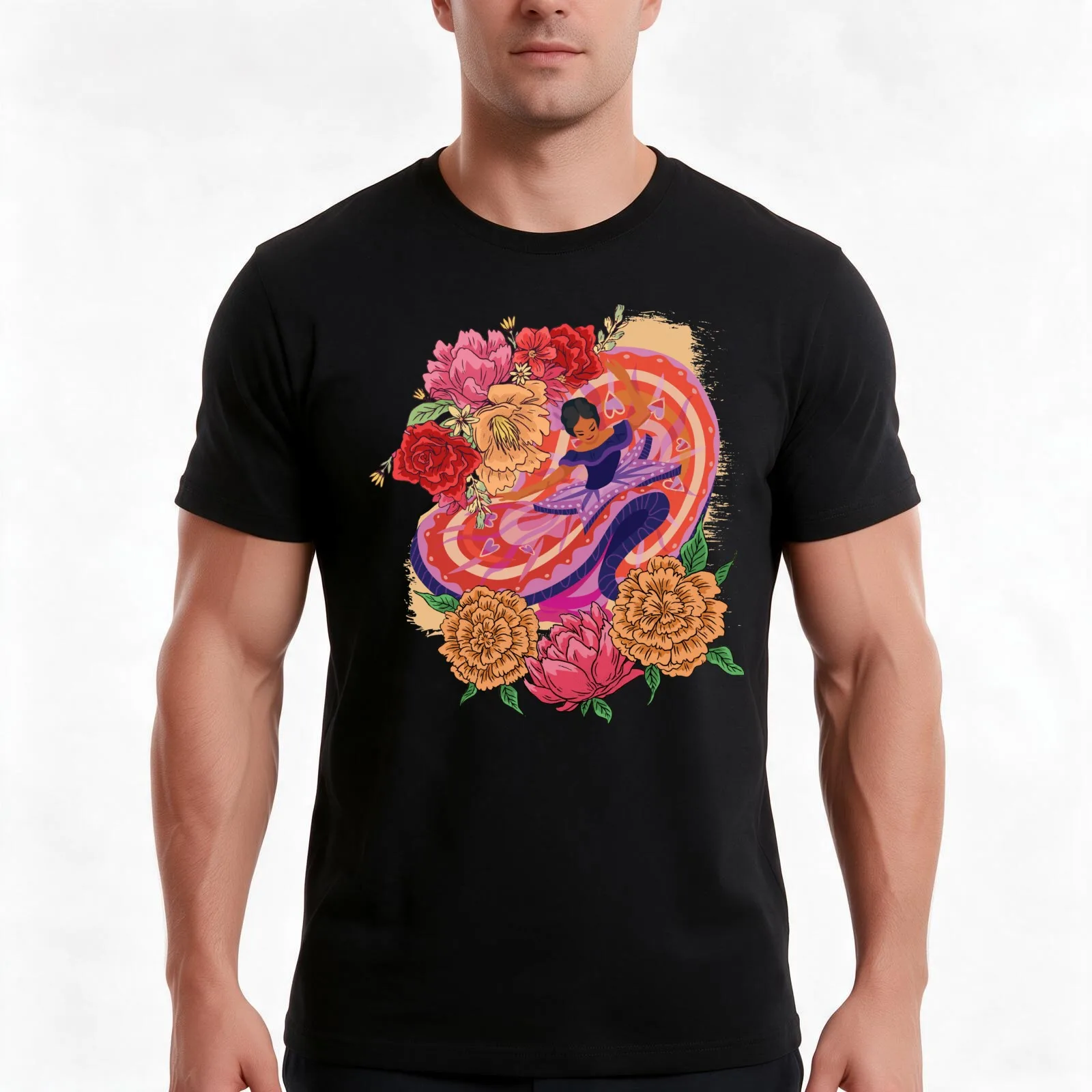 Mexican Folklorico dancer with flowers T-Shirt Summer Casual Cotton Tee Oversized Streetwear Tops Vintage Graphic Print