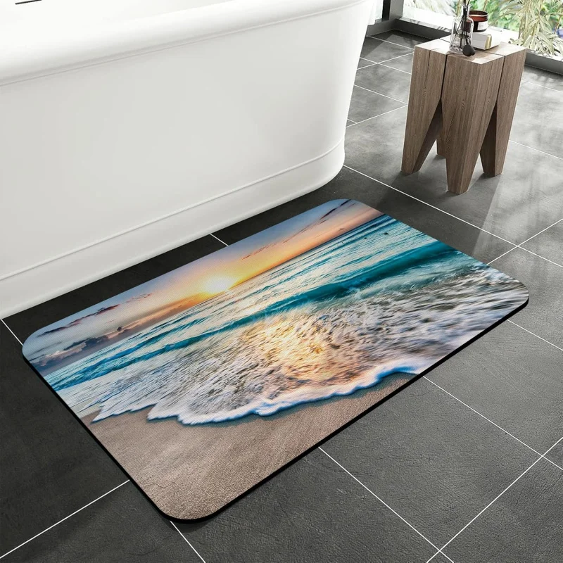 

Коврик для ванной с принтом "Пляжный рассвет", мягкий, нескользящий, быстросохнущий, машинная стирка, для ванной, душа и кухни