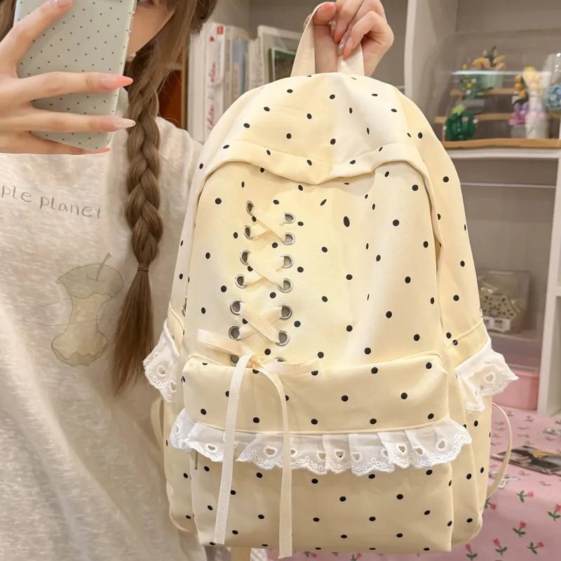 Women Polka Dot Lace Backpack Large Capacity Trendy Dot Pattern Bag Multi Pockets Bowknot Daypack Travel Carrying Package