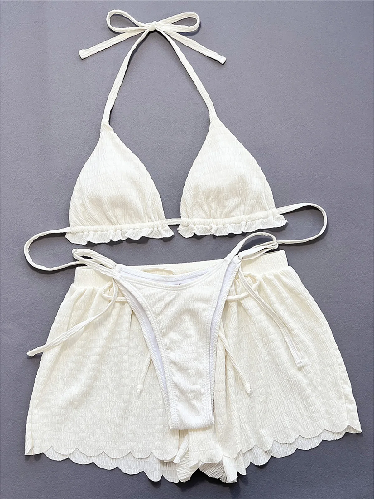 Gekräuselter fester Neck holder Bikini Frauen Bade bekleidung weiblicher Badeanzug dreiteiliger Bikini Set mit Shorts Badeanzug Badeanzug schwimmen k5673