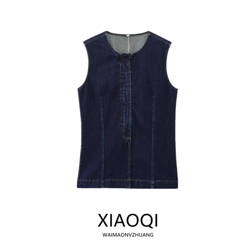 سترة نسائية بدون أكمام من الدنيم بتصميم نحيف ورقبة مستديرة، طول عادي، متعددة الاستخدامات، مصنوعة من مواد أخرى بنسبة 00%، ربي... #5