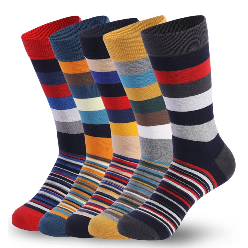 

5 pairs of men's classic colored mid-calf socks with thick and thin stripe patterns