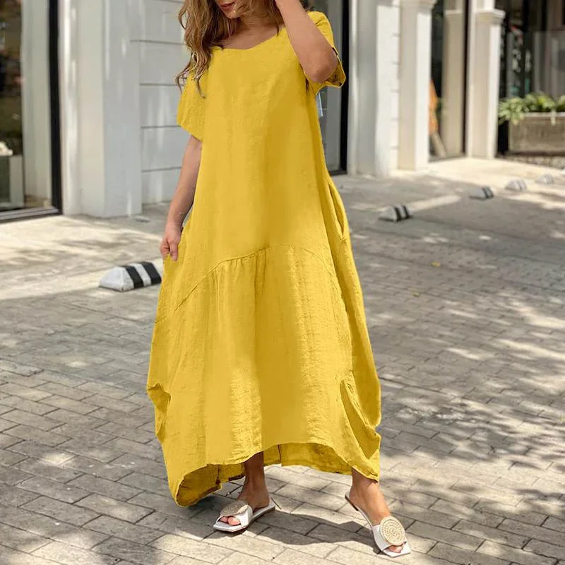 Women Literary Style Solid Color Loose Cotton Linen Dress Summer O Neck Pullover Casual Dresses Female Side Double Pockets Gown