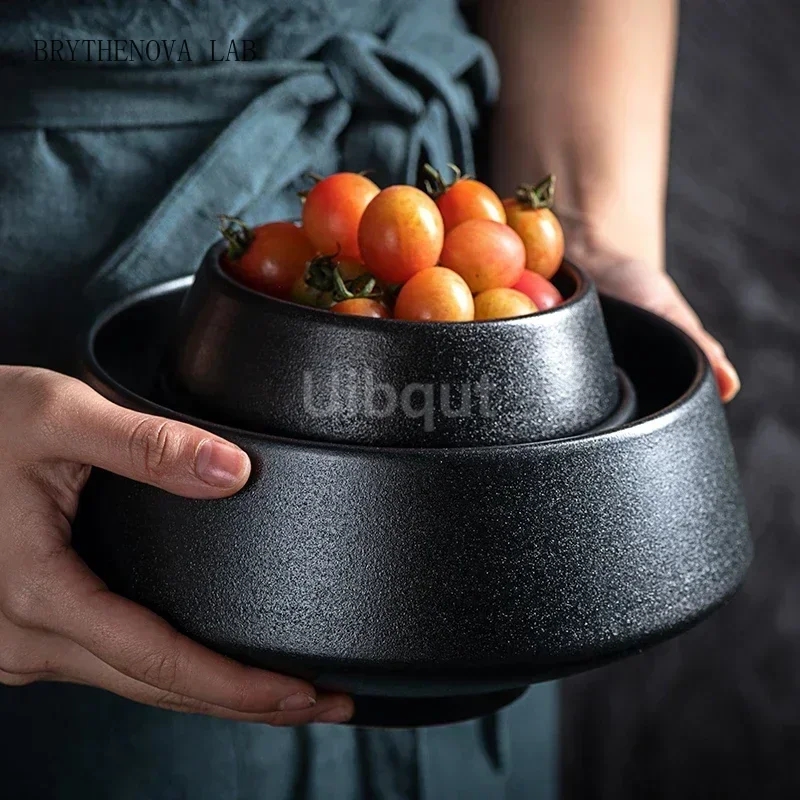 Noodle bowl soup salad black high foot bowl Western Plate Steak Plate Creative Vegetable Ceramic Tableware Rice