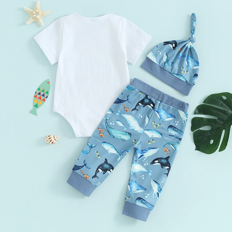 Summer Newborn Sets Infant Kid Baby Boys Clothes 3PCS Letter Short Sleeve Romper Tops+Whale Print Pants Hat 0-12M