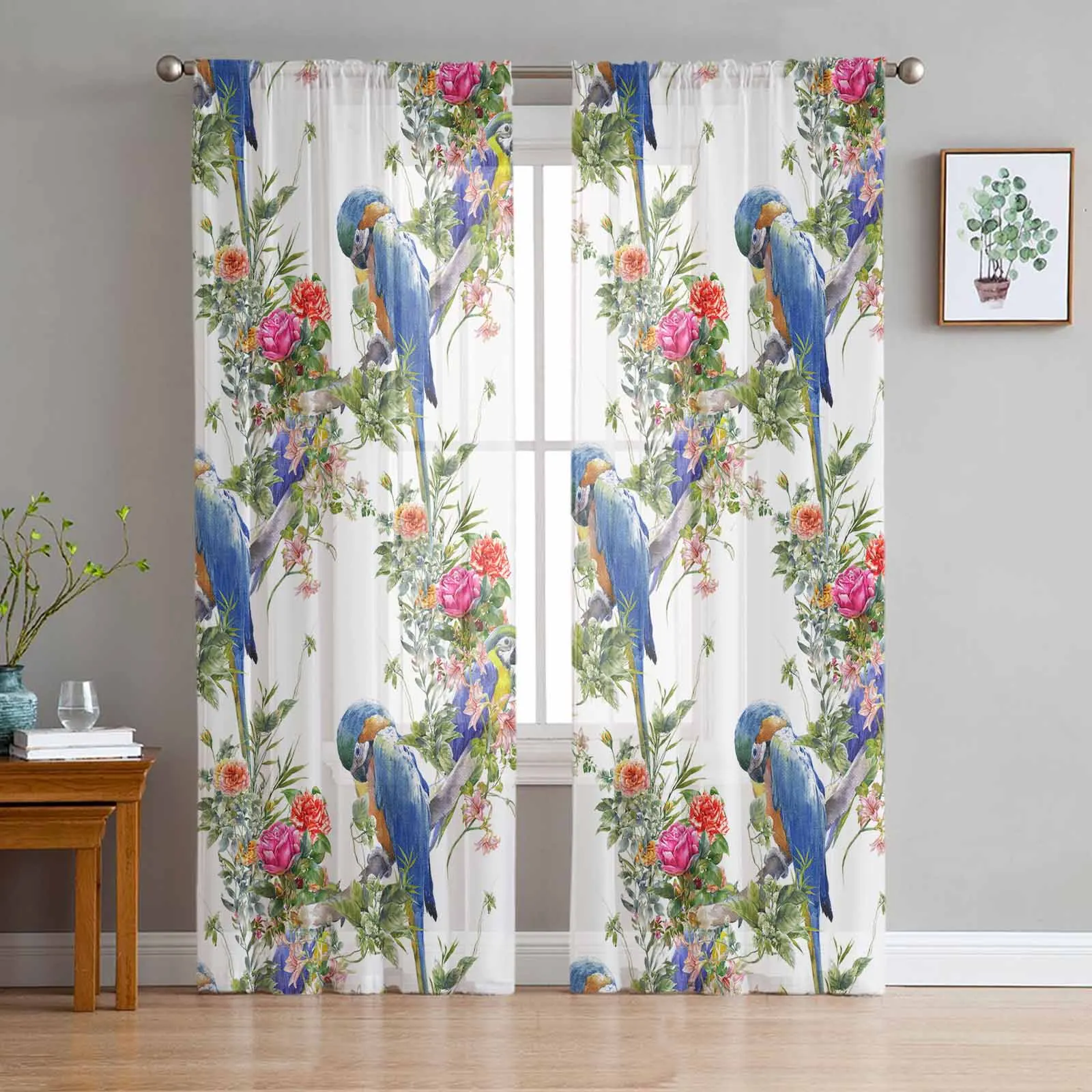 Watercolor Hand-Painted Flower Parrot Retro Window Treatment Tulle Modern Sheer Curtains for Kitchen Living Room Curtains Decor