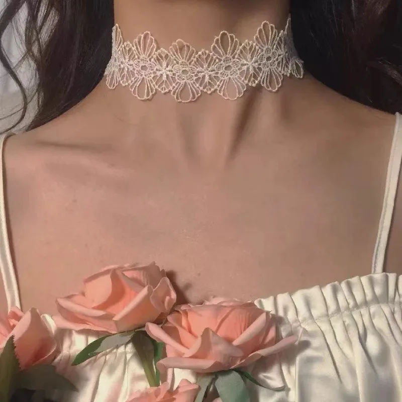 White Black Lace Ribbon Tie Choker Necklace for Women Sweet Korean Elegant Short Collarbone Chain Necklace Neck Accessories