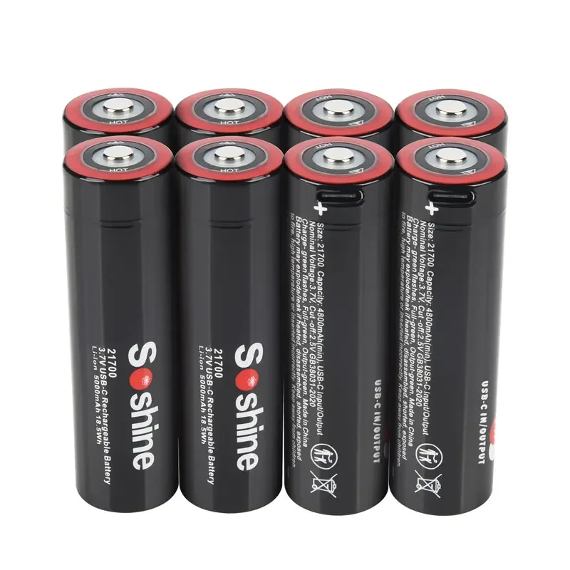 Soshine 3.7V 5000mAh Type-c Input and Output 5V Output 21700 5000mah Multi-function Lithium Battery Li Ion Rechargeable Battery