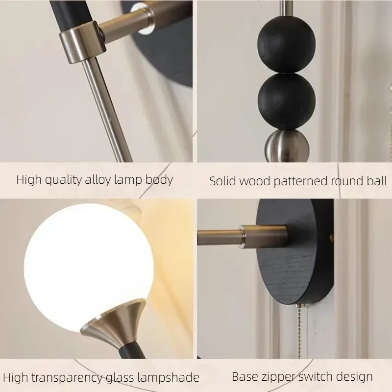 SANDYHA French Wall Lamp Wood Glass Bedside Lamp LED Background Light for Living Room Bedroom Dining Table Home Decor Lighting