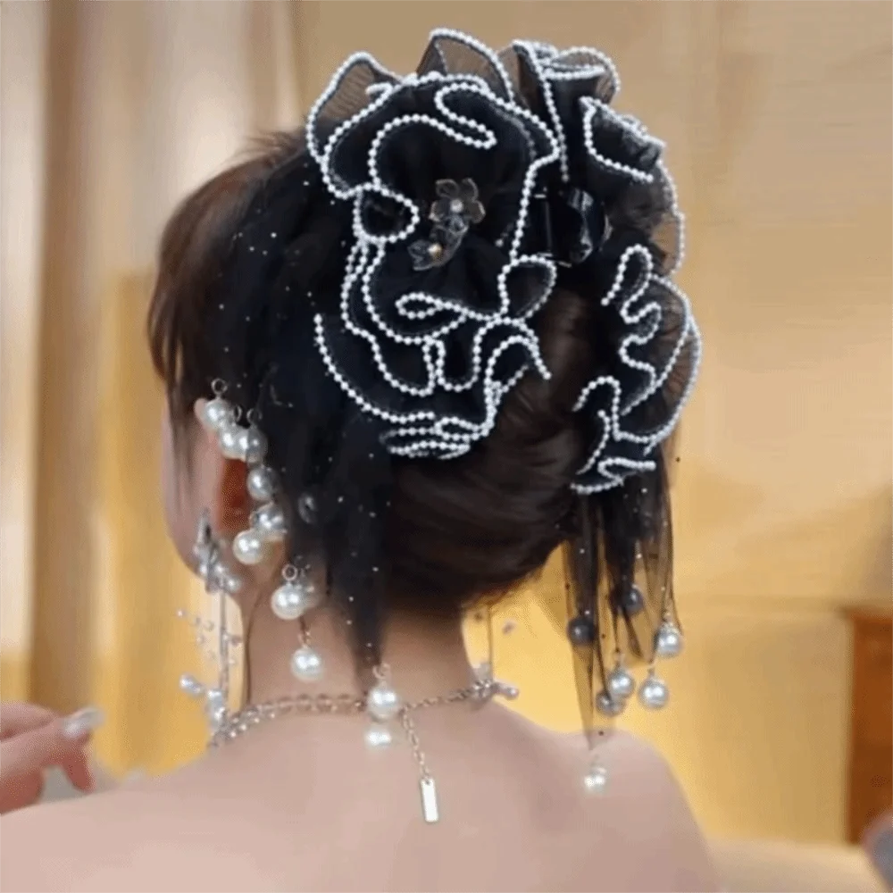 

Элегантные сетчатые заколки для волос с цветком пиона, органза, блестки, кисточка, когти для волос акулы, пушистый зажим в виде акулы, головной убор