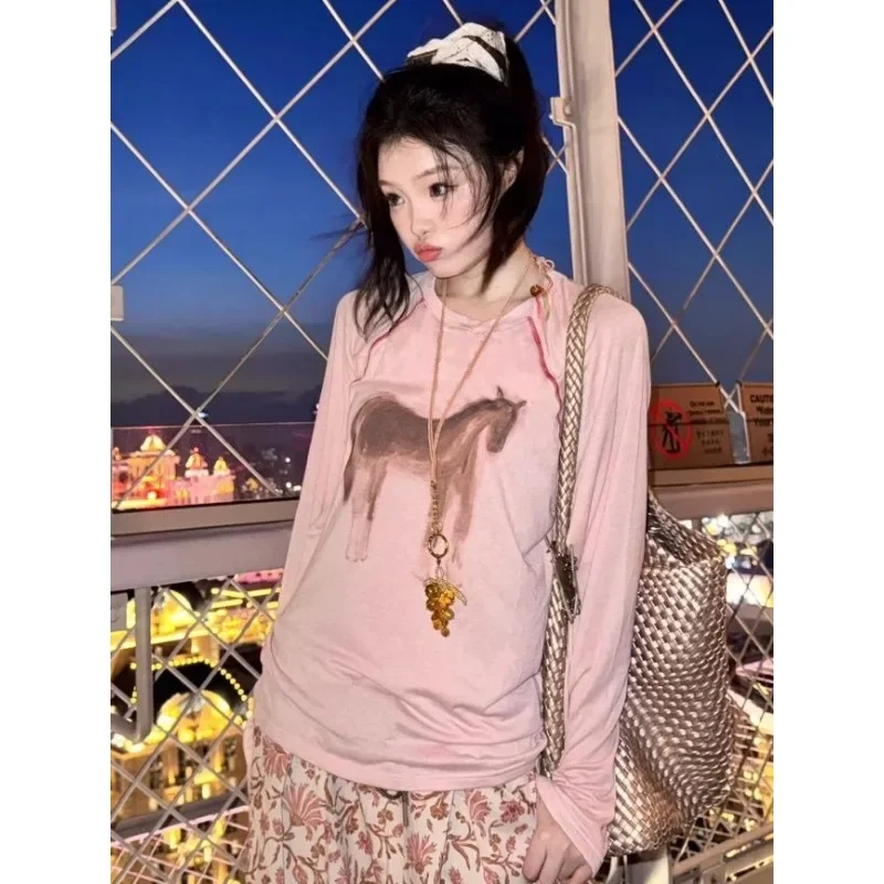 Korean Pink Pattern Round Neck Printed Bright Thread Long Sleeve Top Fashion Loose T-shirt Versatile Top
