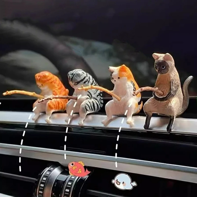 Creative Fishing Cat Car Interior Decoration Crafts Cute Resin Auto Miniature Figurines Ornaments Accessories Small Gifts