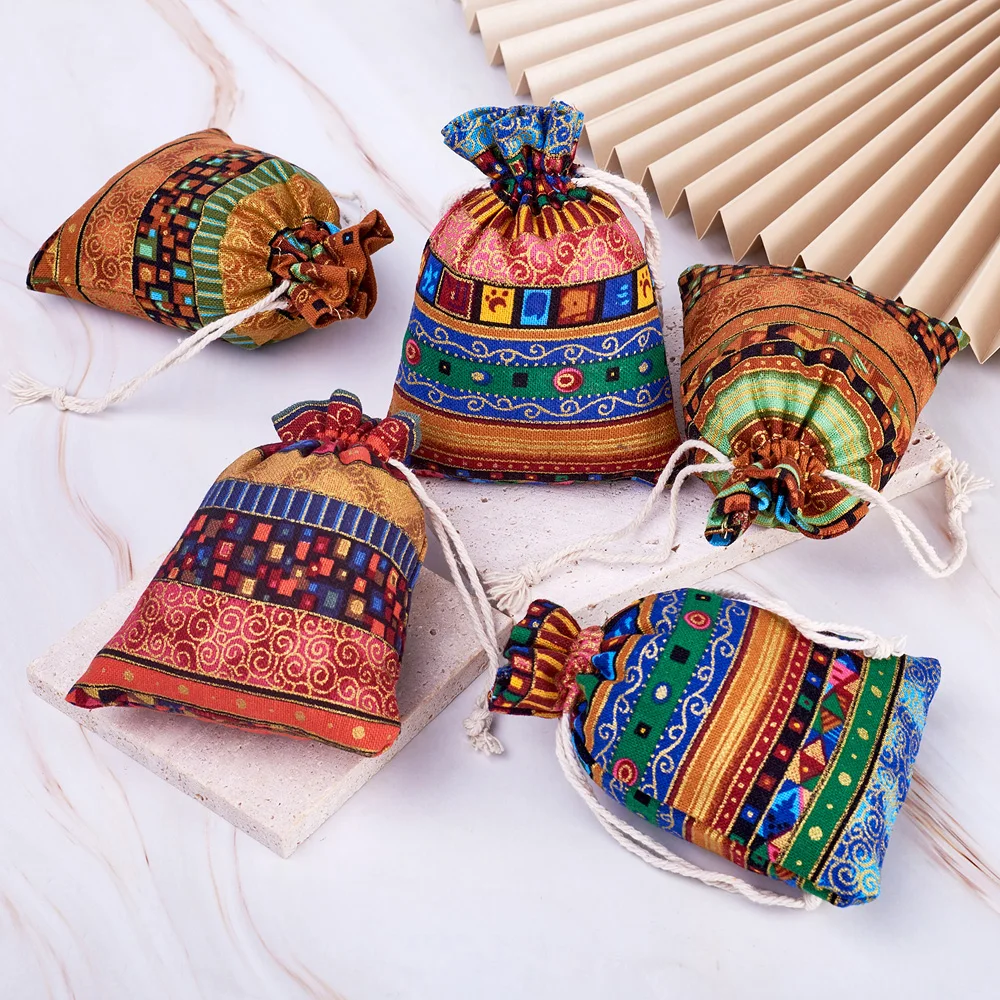 150pcs Mixed Color Rectangle Ethnic Style Cloth Packing Pouches Drawstring Bags for Jewelry Storage Packing Gift Bag 18x13 14x10