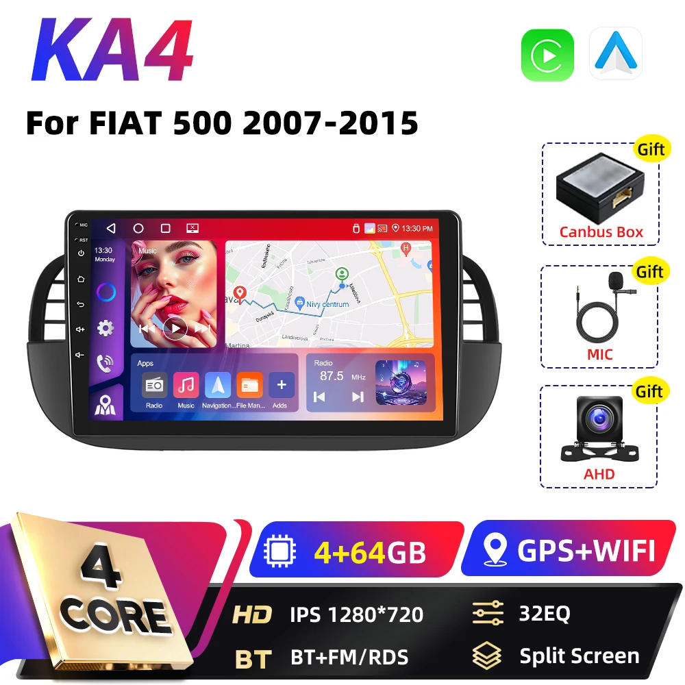 Podofo Qualcomm 8-Core Carplay 2DIN Android Auto Multimedia Speler Voor FIAT 500 2007 2008-2015 GPS Navigatie DSP WIFI FM RDS BT