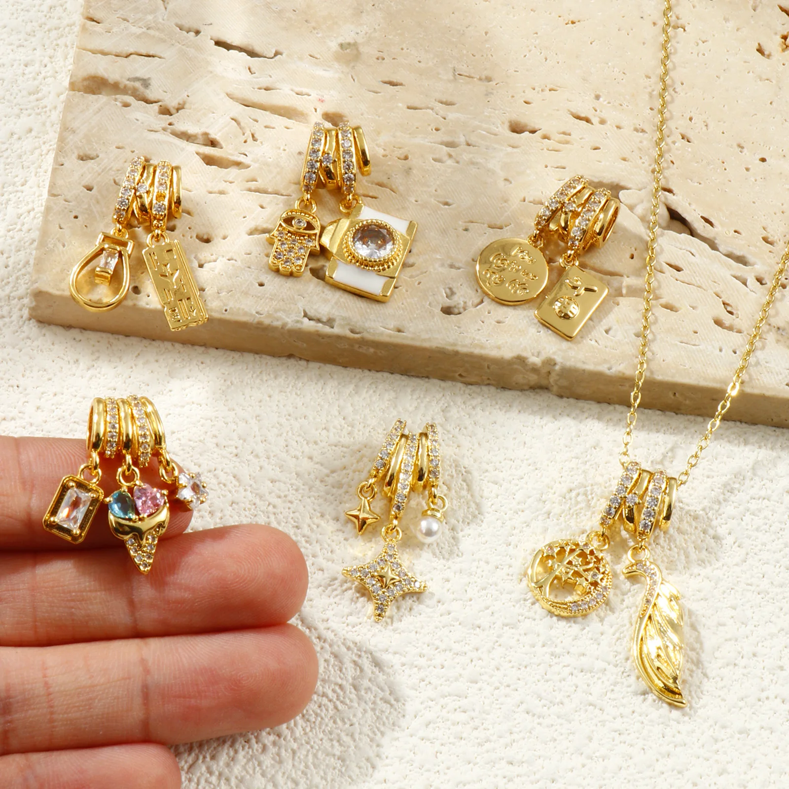 1 Piece Brass Charms 18K Gold Plated Micro Pave Clear Rhinestone Passport Star Feather Ice Cream Pendants For DIY Jewelry Making
