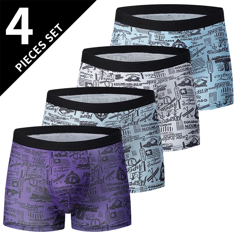 4-piece Set Of Men's Printed Underwear Breathable Quick Drying Fashionable Comfortable Plus Size Youth Boxer Shorts Trendy