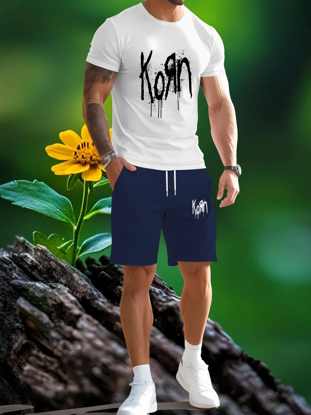 

Two piece men's retro suit casual men's short sleeved suit summer beach casual texture shirt and shorts