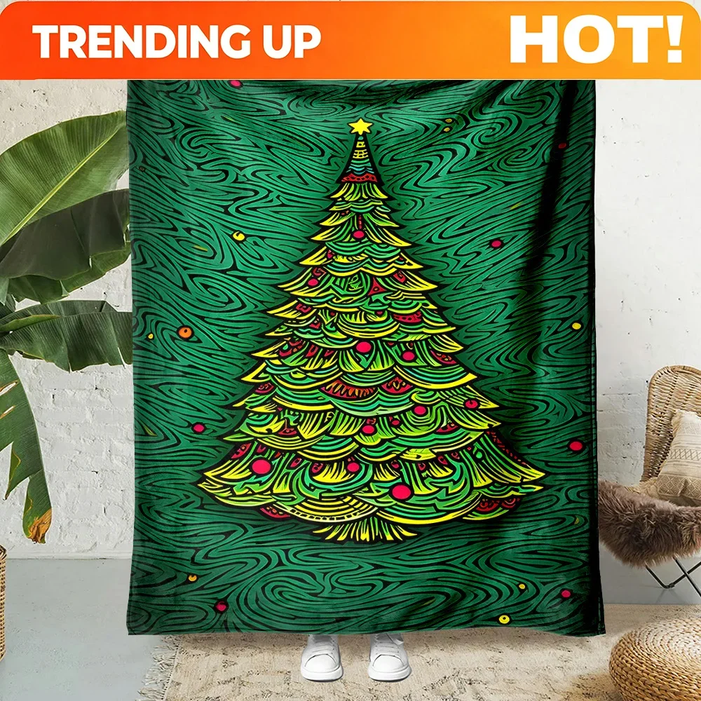 Customization Christmas Tree Print Flannel Throw Blanket - Contemporary Style, Digital Printing, Non-Woven Polyester, All-Season