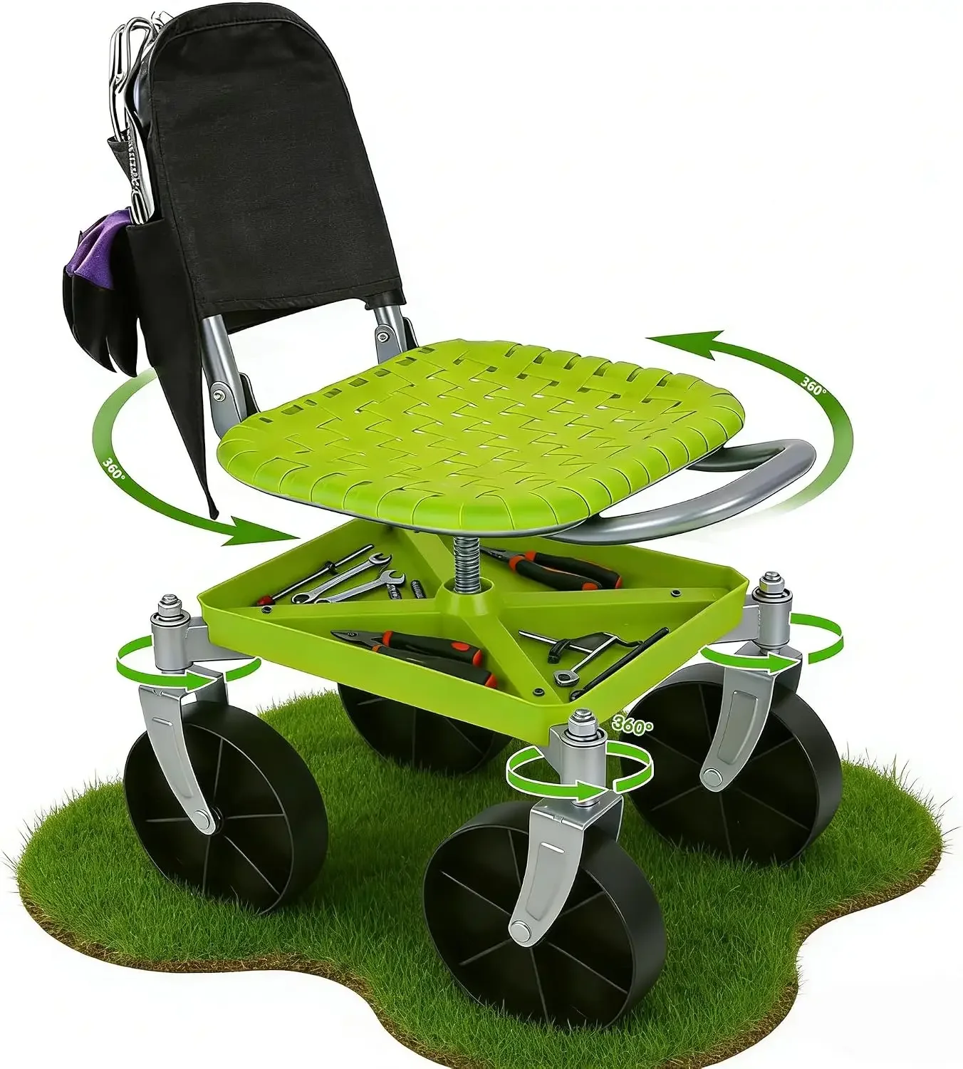Outdoor Garden Stool with 360° Swivel Caster Wheels, Rolling Garden Cart with 360° Swivel Seat, Height Adjustment, Back Tool
