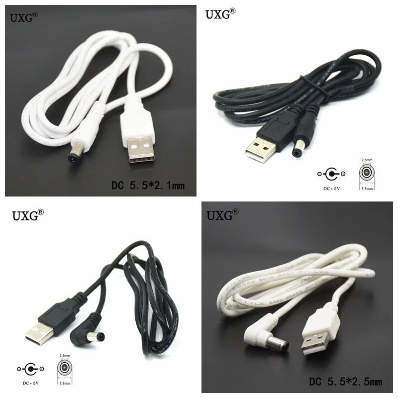 2A DC Power Plug USB Convert To 5.5*2.5mm/DC 5.5x2.5mm White Black L Shape Right Angle Jack With Cord Connector USB Power Cable