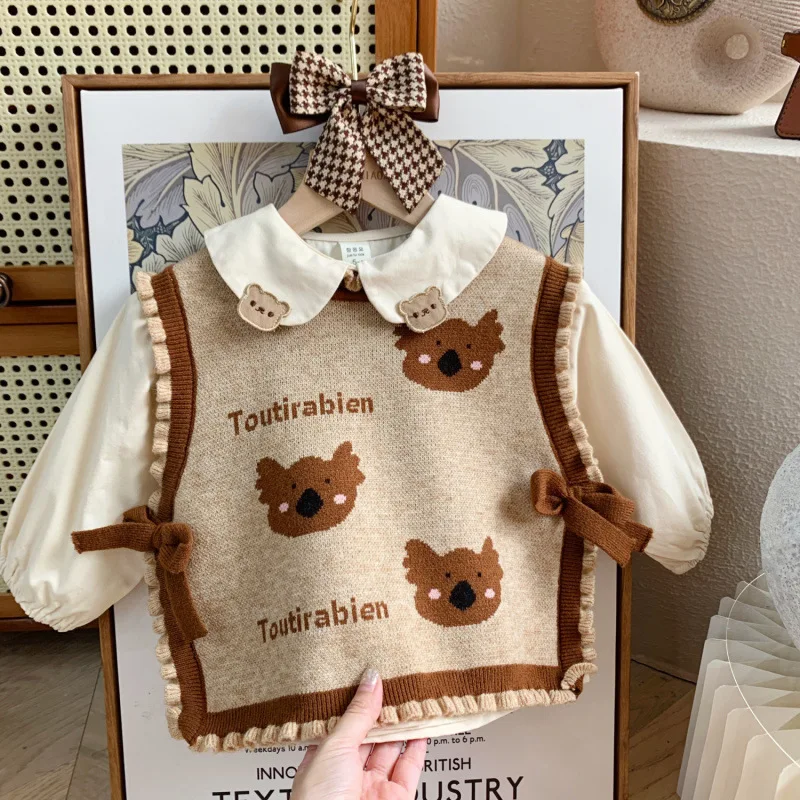 

Girl's Dress 2025 New Style Girl Baby Western Knitted Vest Shirt Pants Casual Spring And Autumn Three Piece Set