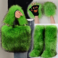 New Knee-length Plush Snow Boots In Winter Women Imitation Raccoon Hair High Boots Fashion Fur Handbag Plush Animal Claw Glove