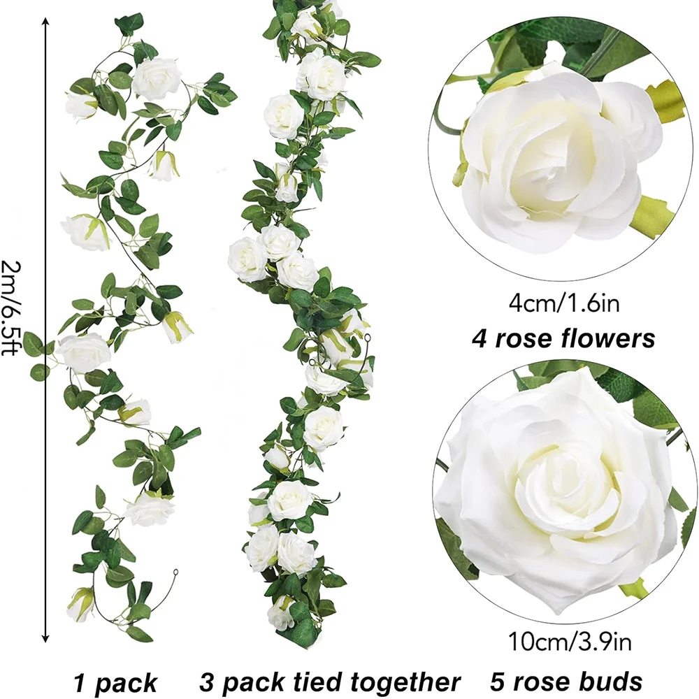 19,5 Fuß künstliche Blumengirlande mit weißer Rose, künstliche Ranken, Seidenblume, hängende Rosengirlande für Hochzeitsbogen, Gartenhintergrund – Detail 1