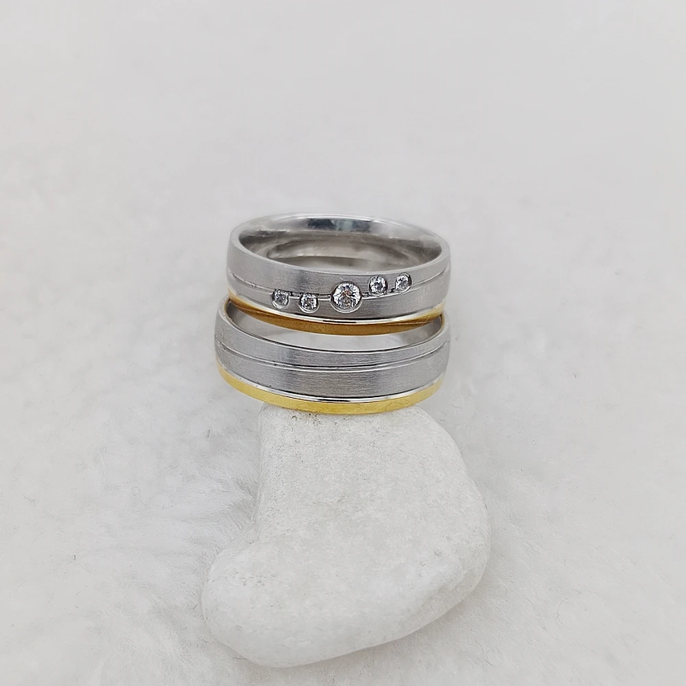 Couple Ring Set In Two Tone Golden Silvery Stainless Steel With Sparkling Zircon Stones For Engagement Wedding Promise Gift