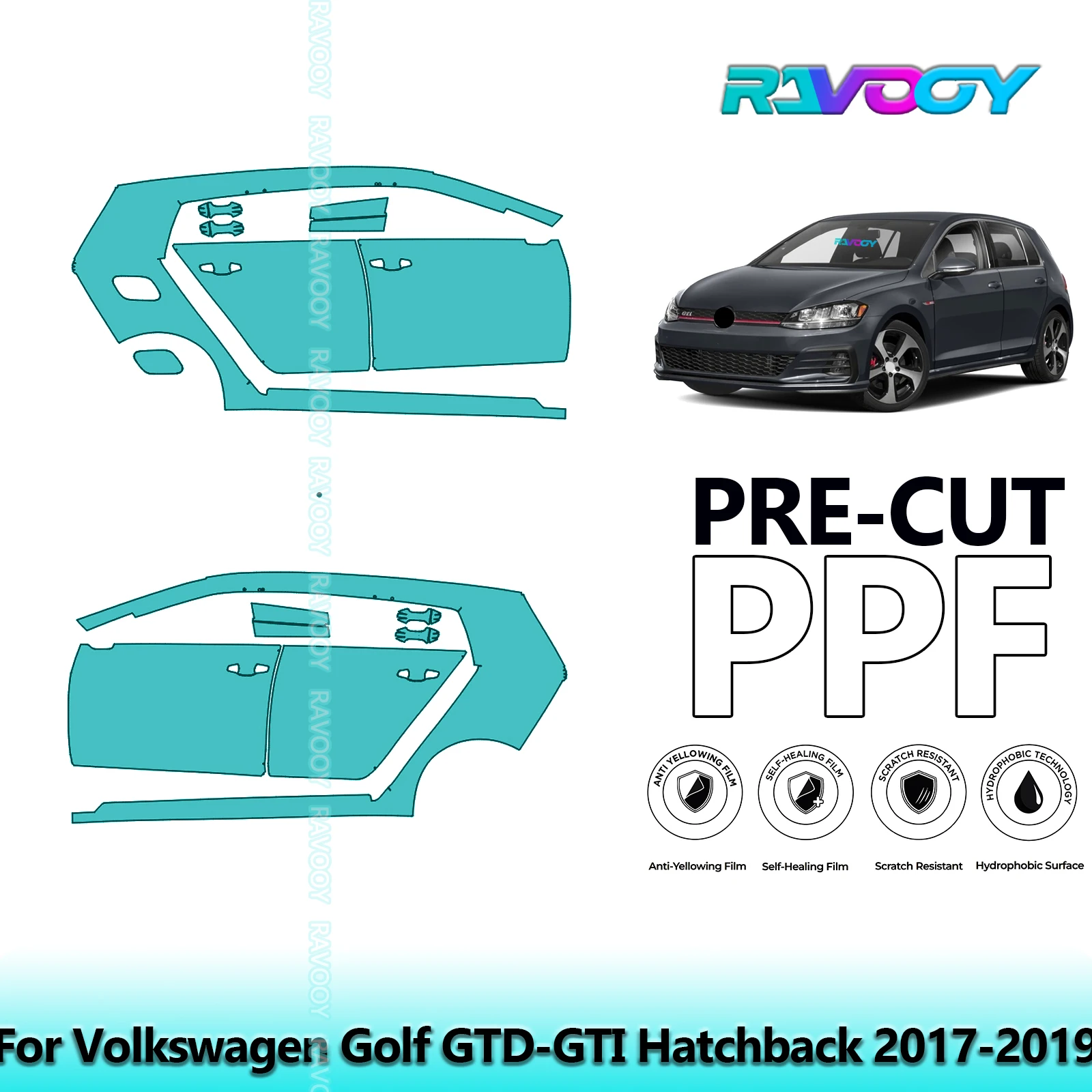 

For Volkswagen Golf GTD-GTI Hatchback 2017-2019 8.5mil Pre-Cut PPF Door & A/B Pillar Kit TPU Paint Protection Film Set