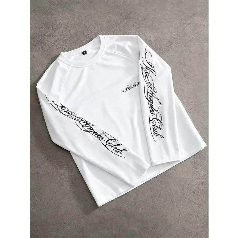 Men's Long Sleeved Round Neck T-shirt with Handwritten English Print Loose Fit image 2