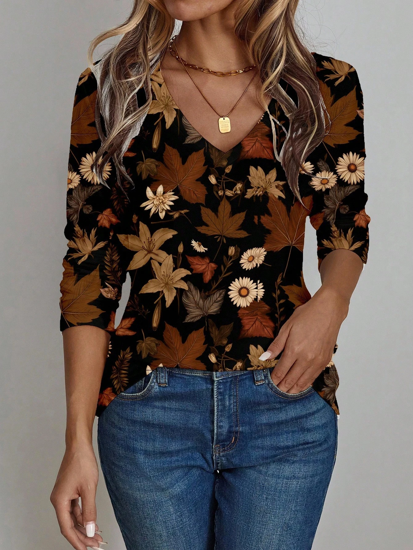 Damen 3D Retro Blumendruck V-Ausschnitt Langarmshirt Schlankmachendes Polyestergewebe Frühling und Herbst Lazy Style Top