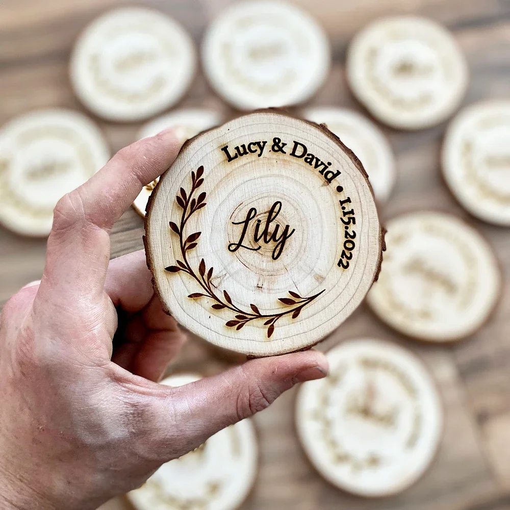 Custom Wedding Place Card Name Sign Guest Gift Name Tags Personalized Wood Party Place Setting Cards Rustic Coasters