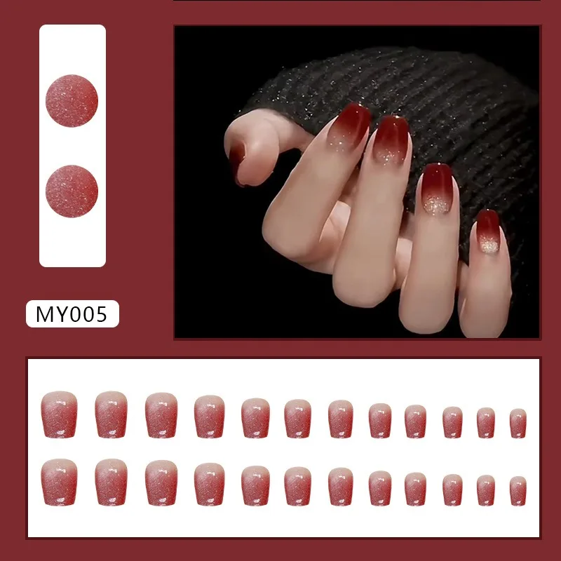 24pcs Red Gradient Cat Eye Christmas Fall Winter Acrylic Nail Set Press on Medium Fake Nails Simple Wear Nail Tips for Gluing